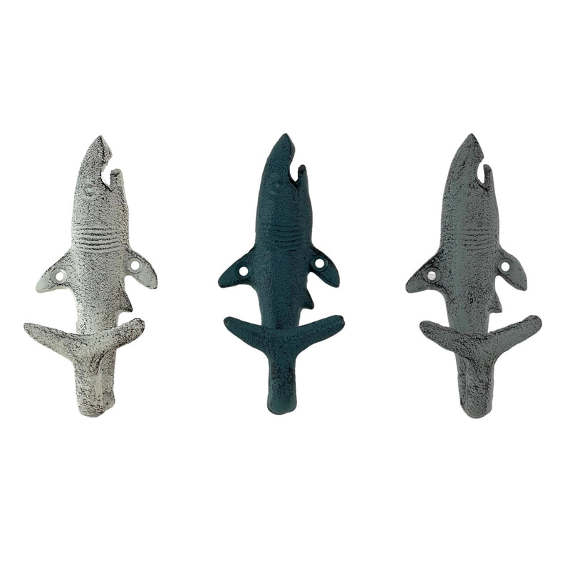 Set of 3 Cast Iron Shark Wall Hooks in Blue, Gray, White – 5.25 Inches High - For Indoor & Outdoor Use – Perfect for