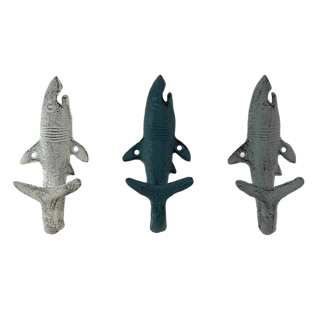 Set of 3 Cast Iron Shark Wall Hooks in Blue, Gray, White — Zeckos