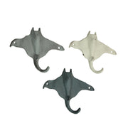 Set of 3 Cast Iron Stingray Wall Hooks 6.25 Inches Long– Easy to Hang - Blue ,Gray, White - Coastal Decor Perfection for