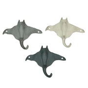 Set of 3 Cast Iron Stingray Wall Hooks 6.25 Inches Long– Easy to Hang - Blue ,Gray, White - Coastal Decor Perfection for