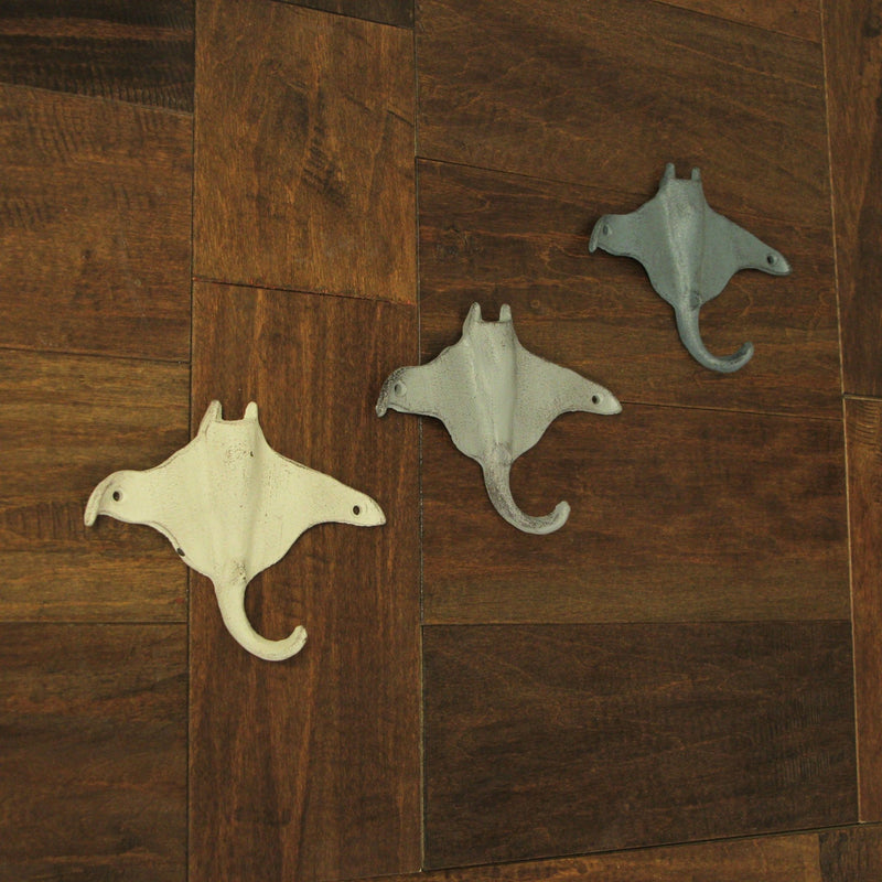 Set of 3 Cast Iron Stingray Wall Hooks 6.25 Inches Long– Easy to Hang - Blue ,Gray, White - Coastal Decor Perfection for