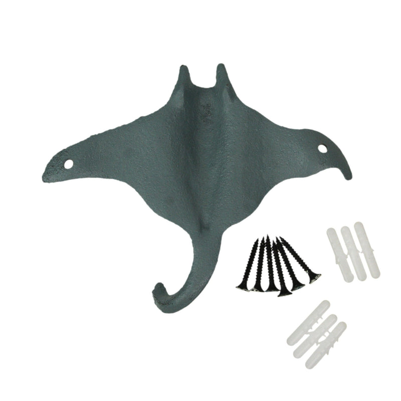 Set of 3 Cast Iron Stingray Wall Hooks 6.25 Inches Long– Easy to Hang - Blue ,Gray, White - Coastal Decor Perfection for