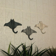 Set of 3 Cast Iron Stingray Wall Hooks 6.25 Inches Long– Easy to Hang - Blue ,Gray, White - Coastal Decor Perfection for