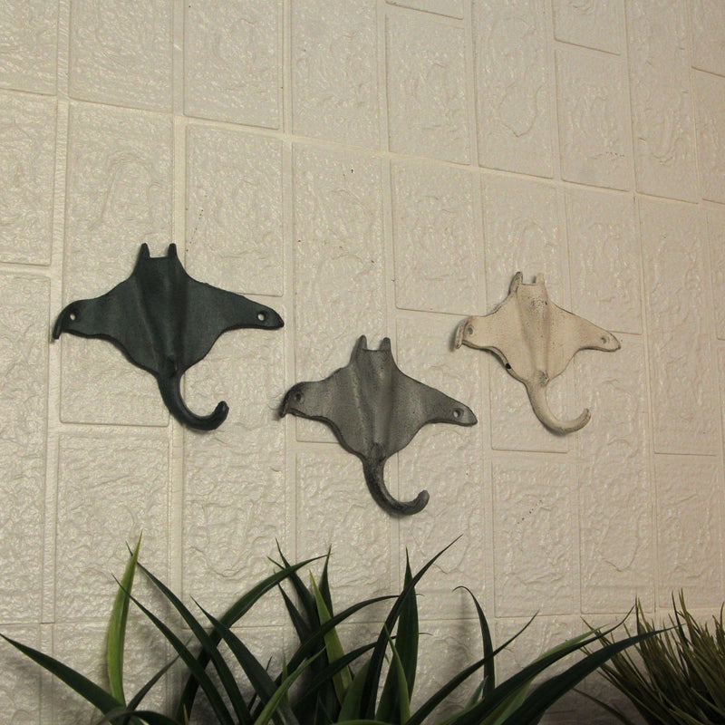 Set of 3 Cast Iron Stingray Wall Hooks 6.25 Inches Long– Easy to Hang - Blue ,Gray, White - Coastal Decor Perfection for