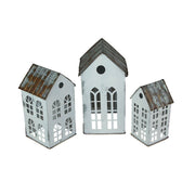 White - Image 2 - Enchanting Set of 3 Distressed White Metal House-Shaped Christmas Village Candle Holders: Rustic Farmhouse