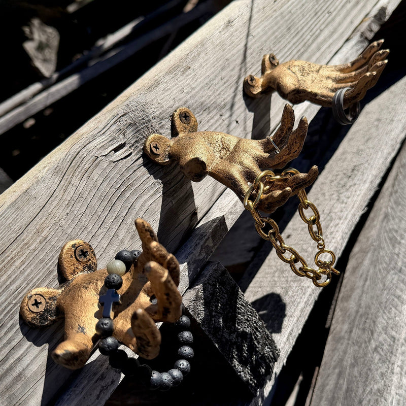 Gold - Image 4 - Set of 3 Cast Iron Creepy Hand Wall Hooks, Antique Gold Distressed Finish Gothic Wall Mounted Decor, 2.25 x