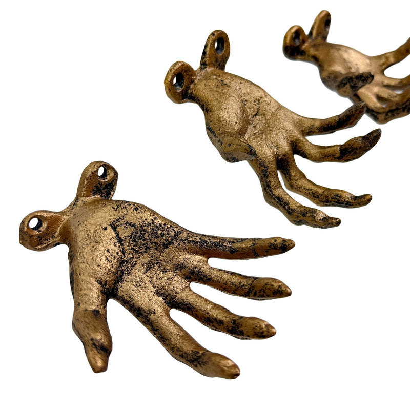 Gold - Image 2 - Set of 3 Cast Iron Creepy Hand Wall Hooks, Antique Gold Distressed Finish Gothic Wall Mounted Decor, 2.25 x