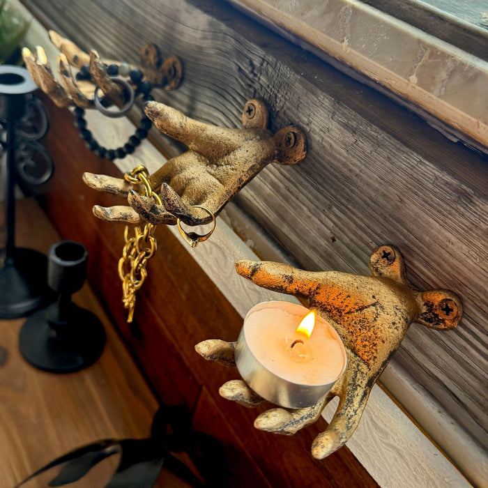 Gold - Image 5 - Set of 3 Cast Iron Creepy Hand Wall Hooks, Antique Gold Distressed Finish Gothic Wall Mounted Decor, 2.25 x