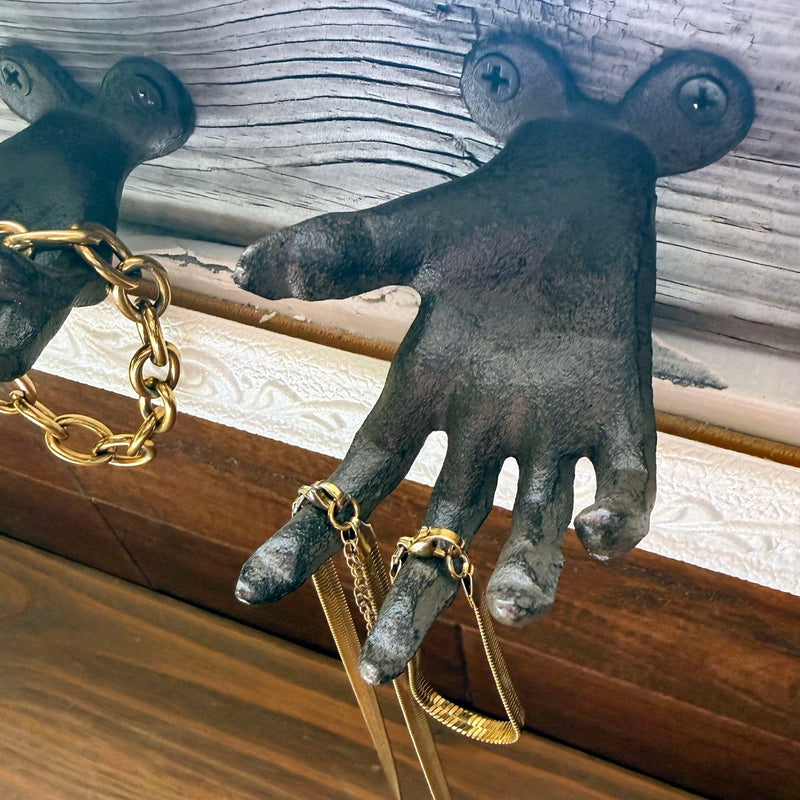 Black - Image 8 - Set of 3 Cast Iron Creepy Hand Decorative Wall Hooks, Antique Black Distressed Gothic Decor for Light