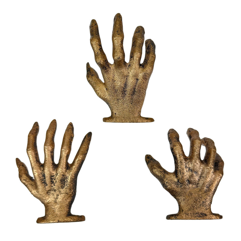 Gold - Image 9 - Set of 3 Cast Iron Creepy Hand Wall Hooks, Antique Gold Distressed Finish Gothic Wall Mounted Decor, 2.25 x