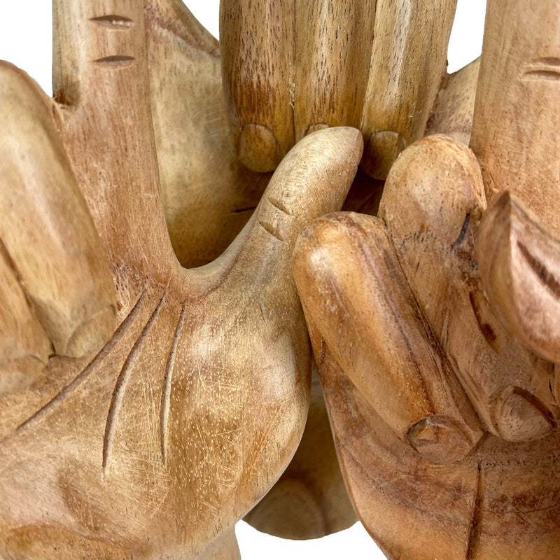 Set of 3 Hand-Carved Wooden 8 inch Hand Sculptures – Peace, Love You, Hang Loose Signs – Eco-Friendly Albesia Wood Decor –