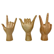 Set of 3 Hand-Carved Wooden 8 inch Hand Sculptures – Peace, Love You, Hang Loose Signs – Eco-Friendly Albesia Wood Decor –