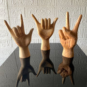 Set of 3 Hand-Carved Wooden 8 inch Hand Sculptures – Peace, Love You, Hang Loose Signs – Eco-Friendly Albesia Wood Decor –