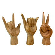 Set of 3 Hand-Carved Wooden 8 inch Hand Sculptures – Peace, Love You, Hang Loose Signs – Eco-Friendly Albesia Wood Decor –