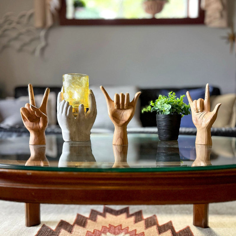 Set of 3 Hand-Carved Wooden 8 inch Hand Sculptures – Peace, Love You, Hang Loose Signs – Eco-Friendly Albesia Wood Decor –