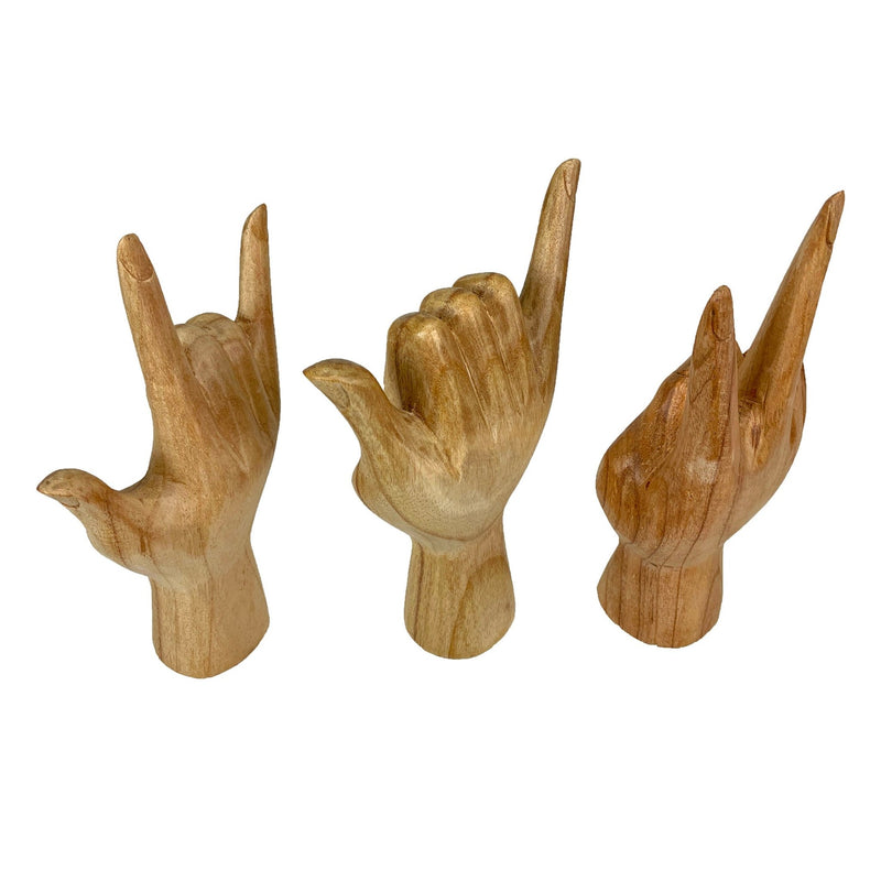 Set of 3 Hand-Carved Wooden 8 inch Hand Sculptures – Peace, Love You, Hang Loose Signs – Eco-Friendly Albesia Wood Decor –