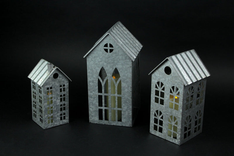 Silver - Image 7 - Set of 3 Country Farmhouse Christmas Village Galvanized Grey Metal House Shaped Oversized Votive Candle