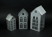 Silver - Image 6 - Set of 3 Country Farmhouse Christmas Village Galvanized Grey Metal House Shaped Oversized Votive Candle