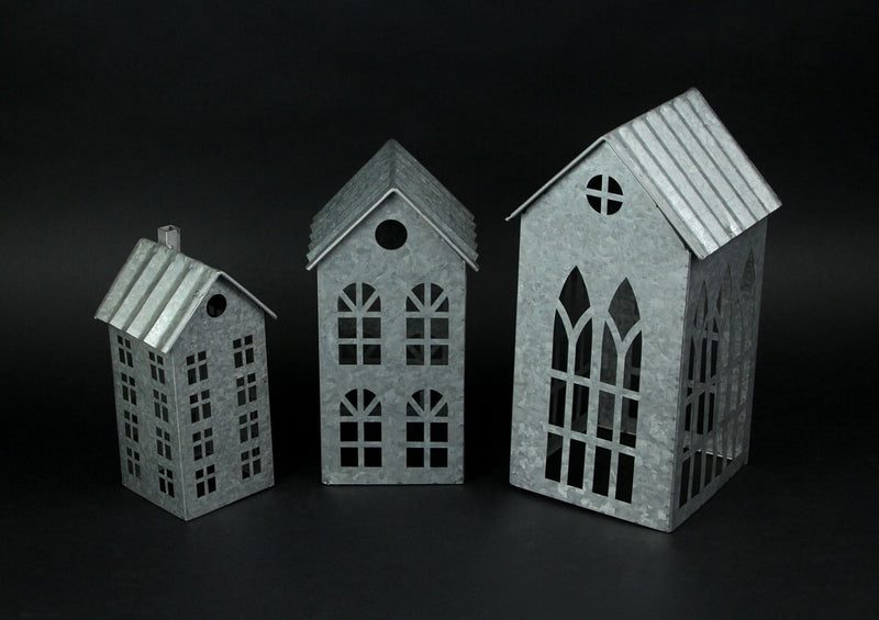 Silver - Image 6 - Set of 3 Country Farmhouse Christmas Village Galvanized Grey Metal House Shaped Oversized Votive Candle