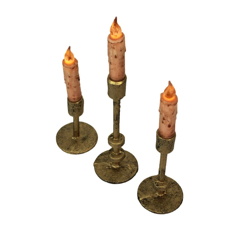 Set of 3 Stylish Aged Bronze Finish Cast Iron Mid-Century Modern Style Metal Taper Candle Holders for Elegant MCM, Gothic, or