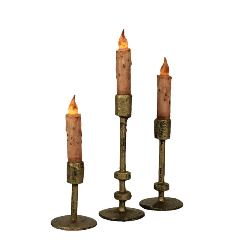 Set of 3 Stylish Aged Bronze Finish Cast Iron Mid-Century Modern Style Metal Taper Candle Holders for Elegant MCM, Gothic, or