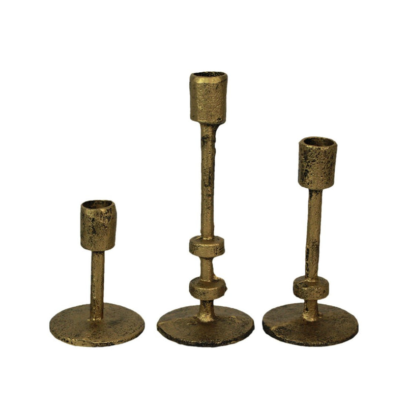 Set of 3 Stylish Aged Bronze Finish Cast Iron Mid-Century Modern Style Metal Taper Candle Holders for Elegant MCM, Gothic, or