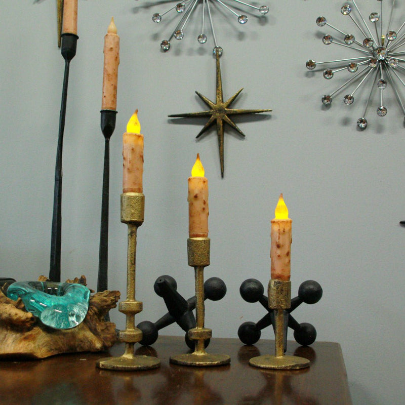 Set of 3 Stylish Aged Bronze Finish Cast Iron Mid-Century Modern Style Metal Taper Candle Holders for Elegant MCM, Gothic, or