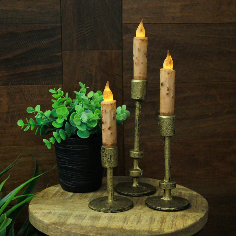 Set of 3 Stylish Aged Bronze Finish Cast Iron Mid-Century Modern Style Metal Taper Candle Holders for Elegant MCM, Gothic, or