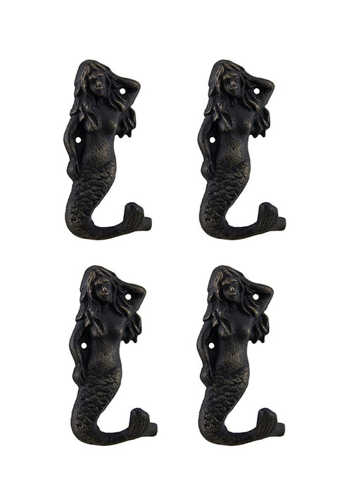Set of 4 Blackened Bronze Finish Cast Iron Mermaid Wall Hooks Image 1