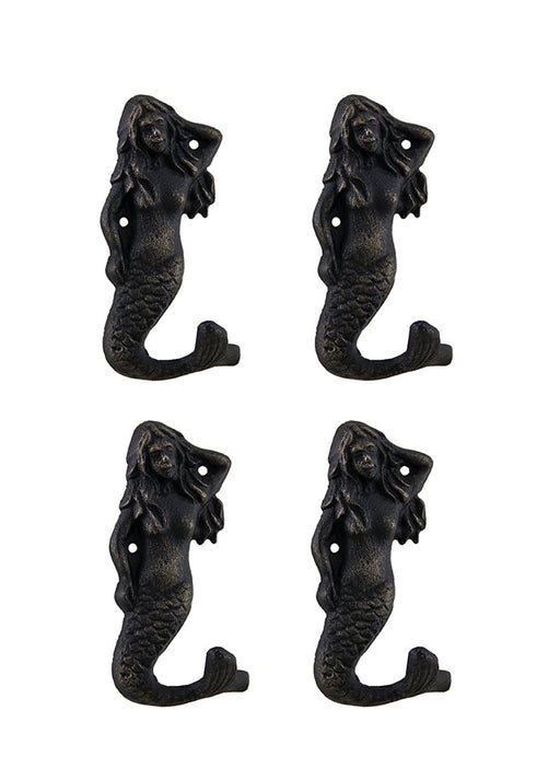 Set of 4 Blackened Bronze Finish Cast Iron Mermaid Wall Hooks Image 1