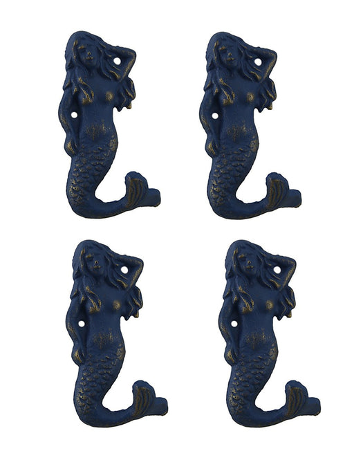 Set of 4 Blue Distressed Cast Iron Mermaids Decorative Wall Hook Set Image 1