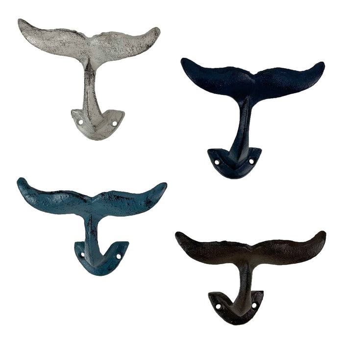 Natural - Image 2 - Set of 4 Colorful Cast Iron Whale Tail Wall Hooks - Decorative Nautical Coat, Towel or Clothing Hangers