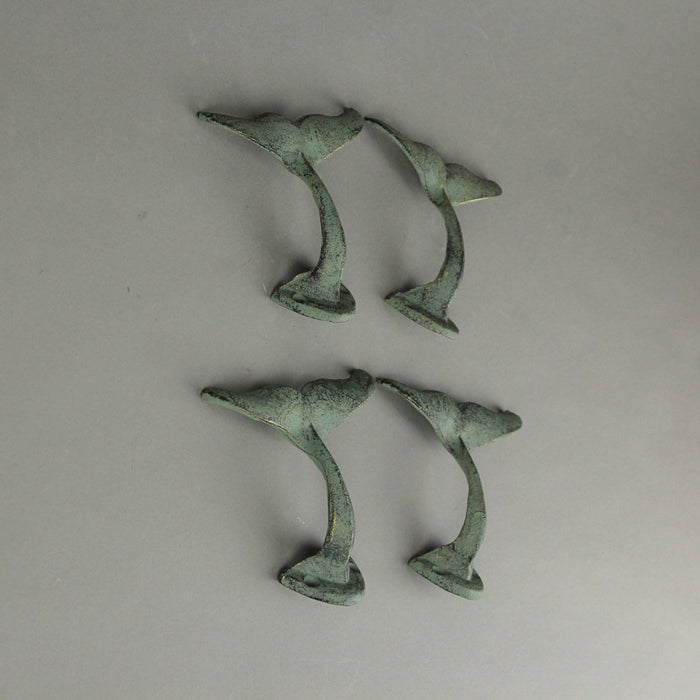 Set of 4 Durable Cast Iron Whale Tail Wall Hooks with Verdigris Green Finish - Nautical Decorative Hooks for Coats, Robes, or