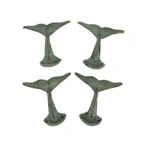 Set of 4 Durable Cast Iron Whale Tail Wall Hooks with Verdigris Green Finish - Nautical Decorative Hooks for Coats, Robes, or