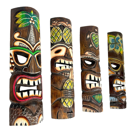Set of 4 Hand-Carved Wooden Tiki Wall Masks, 20 Inch Tropical Decor – Palm Tree, Plumeria, Pineapple & Sea Turtle Designs,