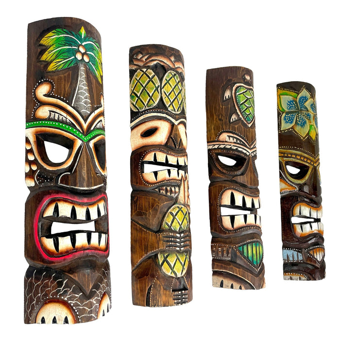 Set of 4 Hand-Carved Wooden Tiki Wall Masks, 20 Inch Tropical Decor – Palm Tree, Plumeria, Pineapple & Sea Turtle Designs,