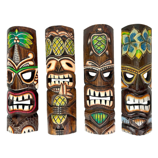 Set of 4 Hand-Carved Wooden Tiki Wall Masks, 20 Inch Tropical Decor – Palm Tree, Plumeria, Pineapple & Sea Turtle Designs,