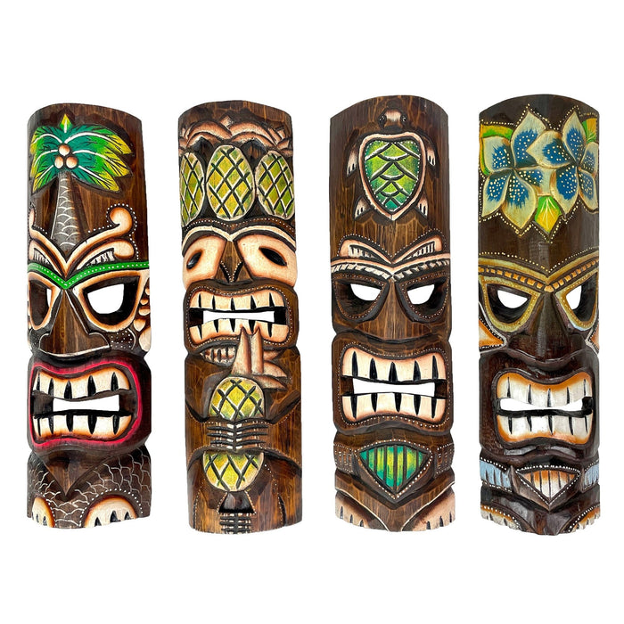 Set of 4 Hand-Carved Wooden Tiki Wall Masks, 20 Inch Tropical Decor – Palm Tree, Plumeria, Pineapple & Sea Turtle Designs,