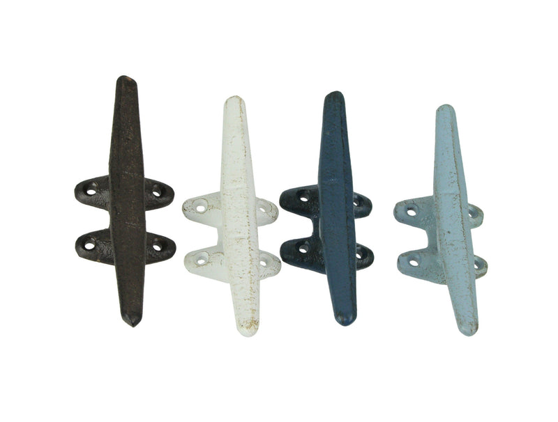 Set of 4 Vibrantly Colored Cast Iron Nautical Boat Cleat Wall Hooks for Rustic Coastal Charm and Functional Style - 5.75