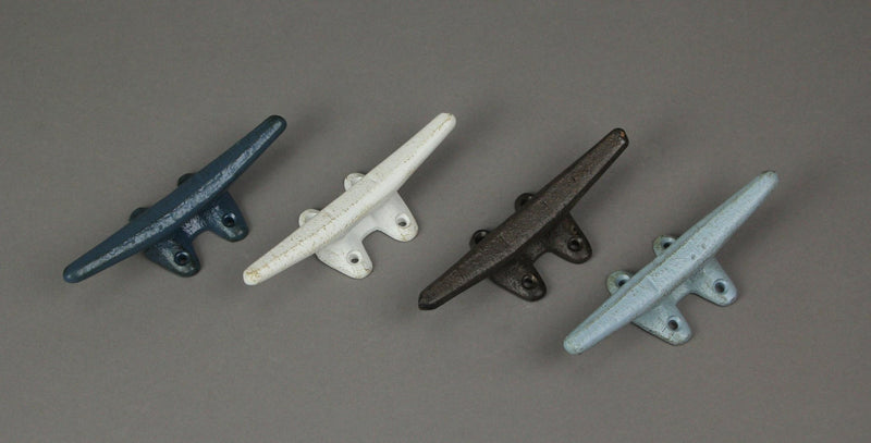 Set of 4 Vibrantly Colored Cast Iron Nautical Boat Cleat Wall Hooks for Rustic Coastal Charm and Functional Style - 5.75