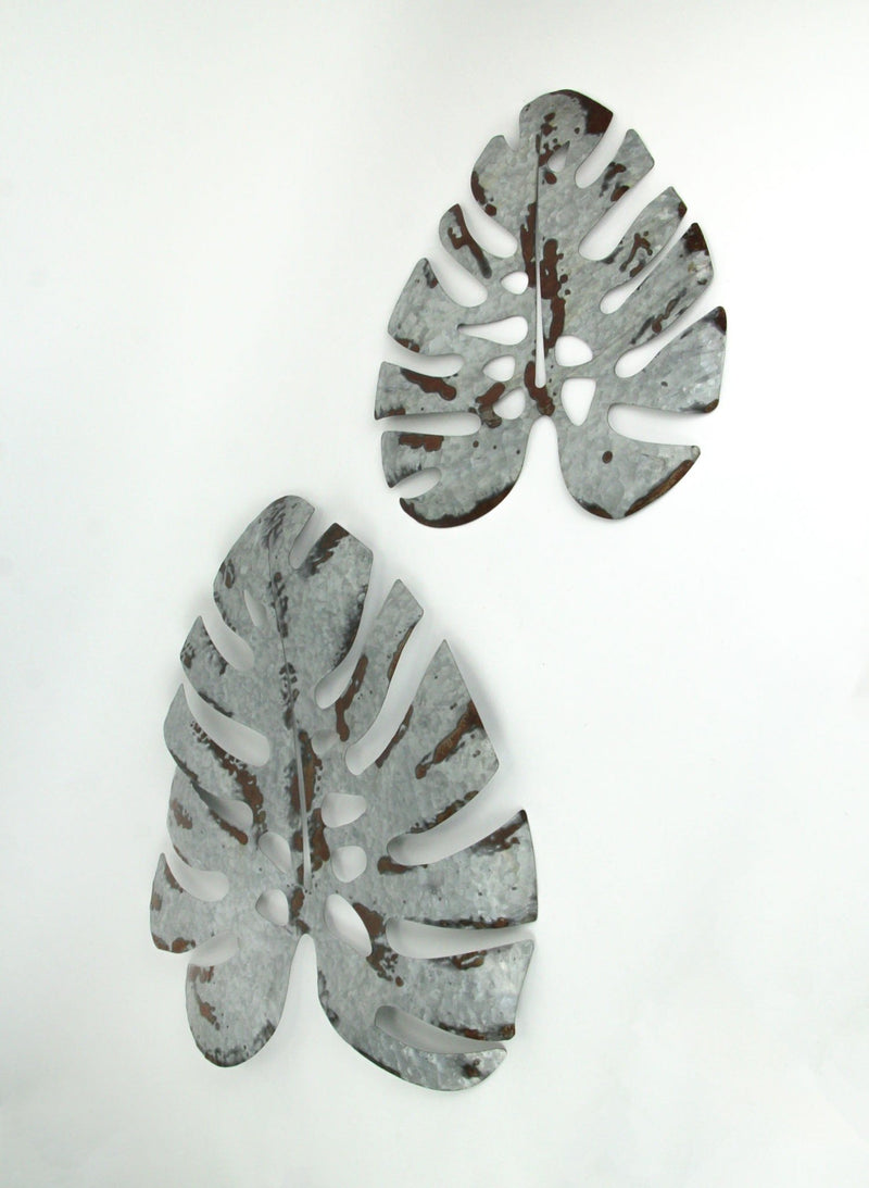 Set of 4 Rustic Metal Tropical Monstera Leaf Sculptured Wall Sculptures - Hanging Southern Farmhouse Decor 16, 24 Inches -