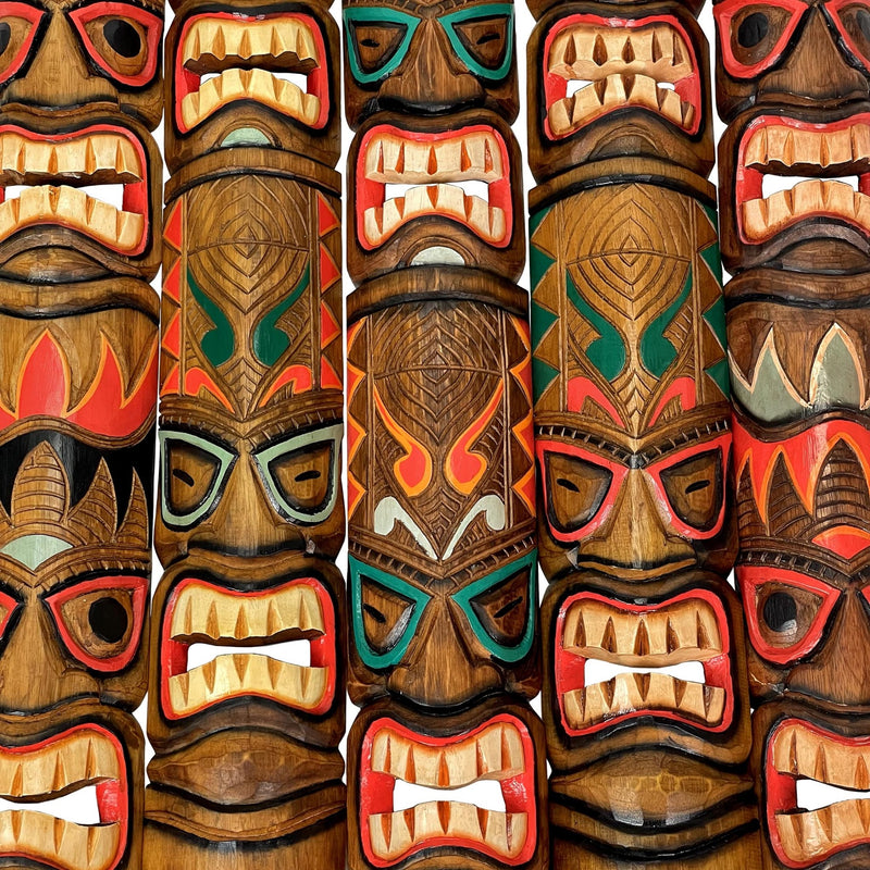 Zeckos Set of 5 Double Tiki Mask Hand Carved 40 Inch Wall Decor - Perfect Patio Decor, Unique Wall Art, and Artisan Made