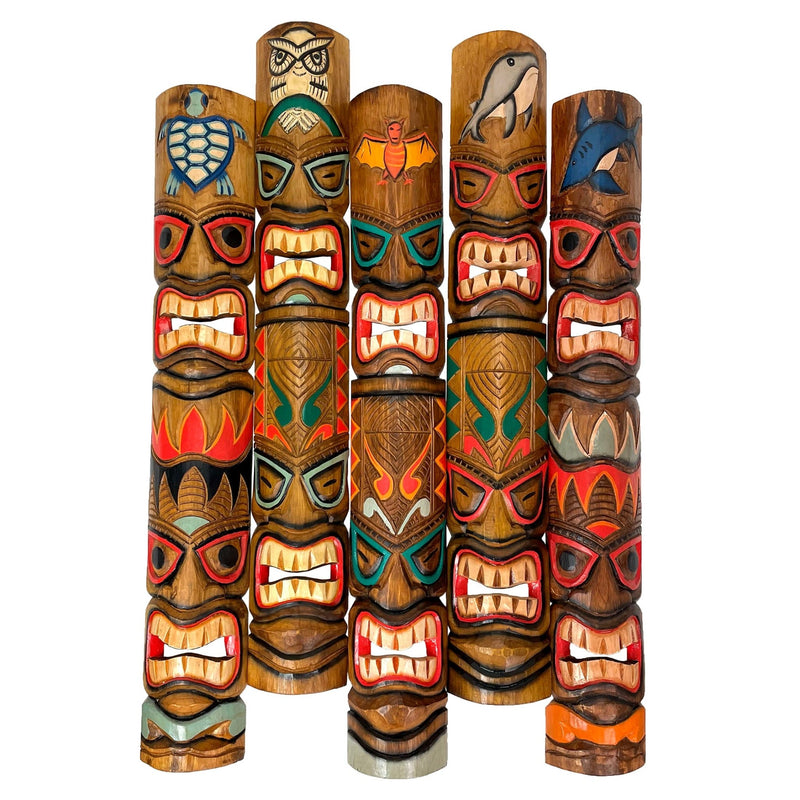 Zeckos Set of 5 Double Tiki Mask Hand Carved 40 Inch Wall Decor - Perfect Patio Decor, Unique Wall Art, and Artisan Made