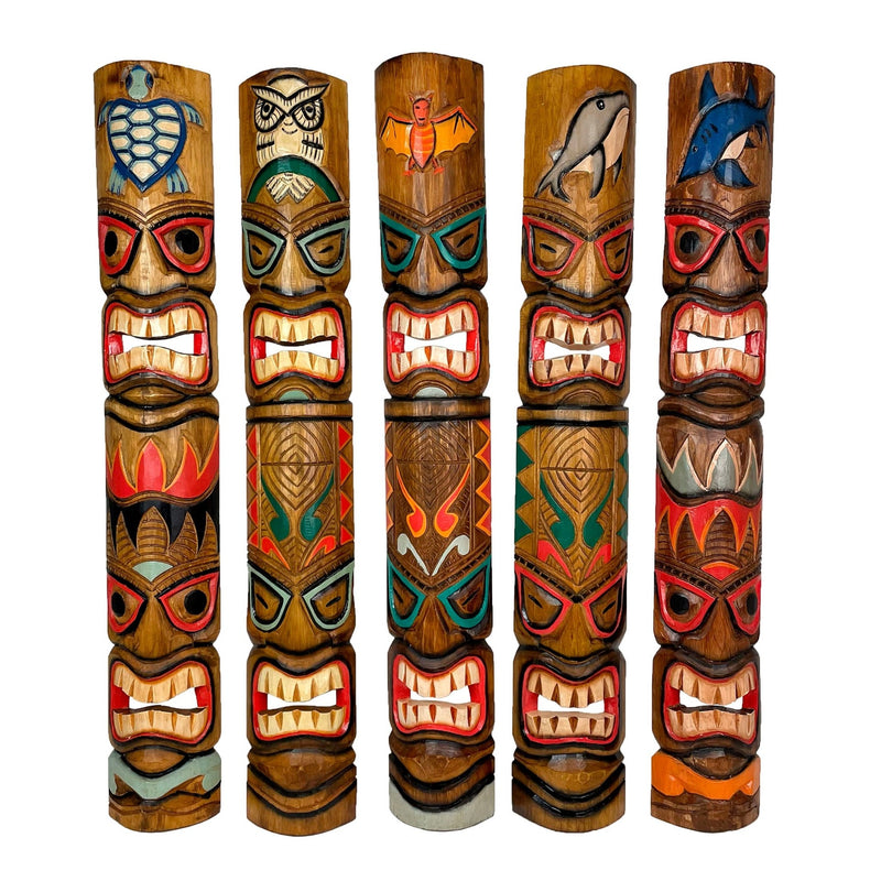 Zeckos Set of 5 Double Tiki Mask Hand Carved 40 Inch Wall Decor - Perfect Patio Decor, Unique Wall Art, and Artisan Made