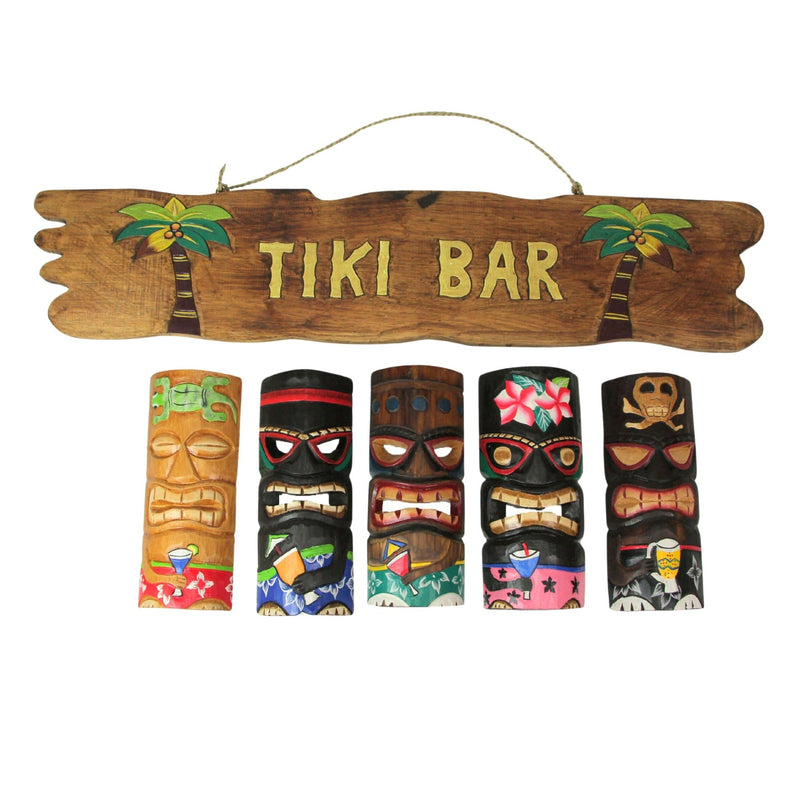 Set of 5 Hand-Carved Polynesian Wooden Wall Masks & Rustic Tiki Bar Sign - Vibrant Tropical Decor for Indoor or Outdoor