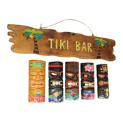 Set of 5 Hand-Carved Polynesian Wooden Wall Masks & Rustic Tiki Bar Sign - Vibrant Tropical Decor for Indoor or Outdoor