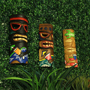 Set of 5 Hand-Carved Polynesian Wooden Wall Masks & Rustic Tiki Bar Sign - Vibrant Tropical Decor for Indoor or Outdoor