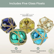 Set of 5 Coastal-Inspired Replica Glass Fishing Floats with Rope Accents - Charming Nautical Antique-Style Decor Ornaments