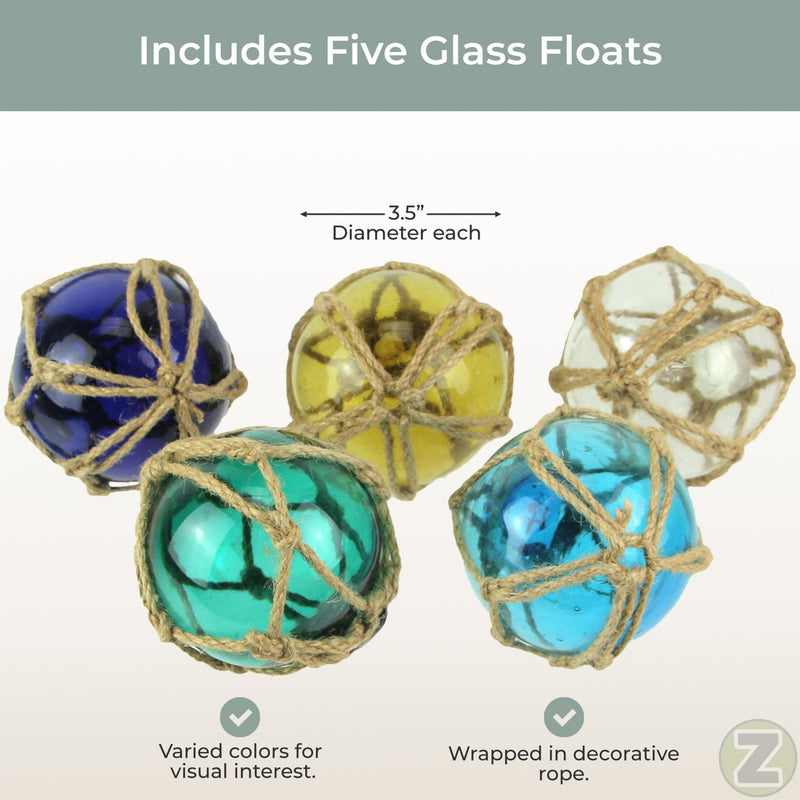 Set of 5 Coastal-Inspired Replica Glass Fishing Floats with Rope Accents - Charming Nautical Antique-Style Decor Ornaments