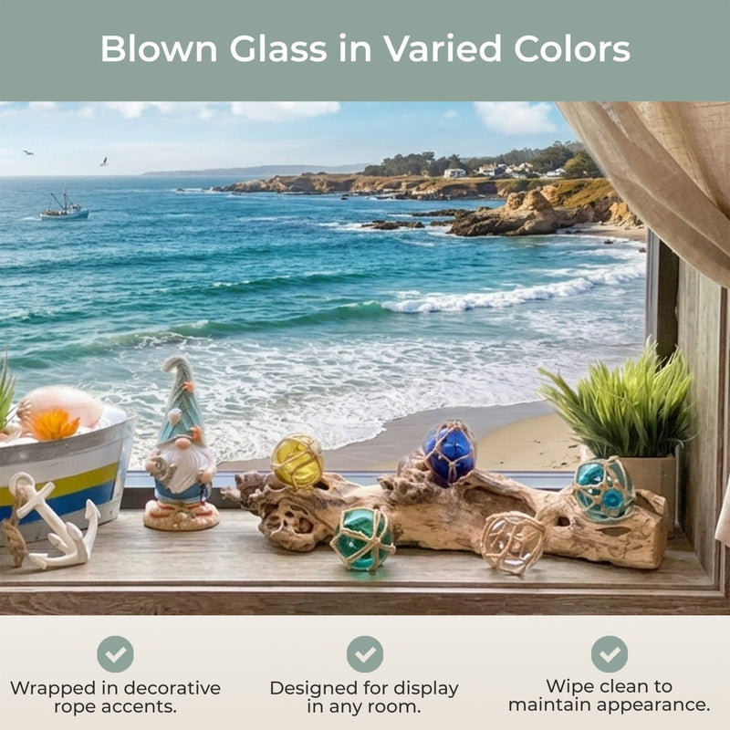 Set of 5 Coastal-Inspired Replica Glass Fishing Floats with Rope Accents - Charming Nautical Antique-Style Decor Ornaments